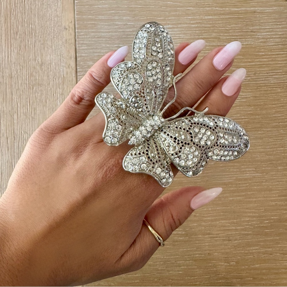 Large Rhinestone Crystal Butterfly Statement Ring